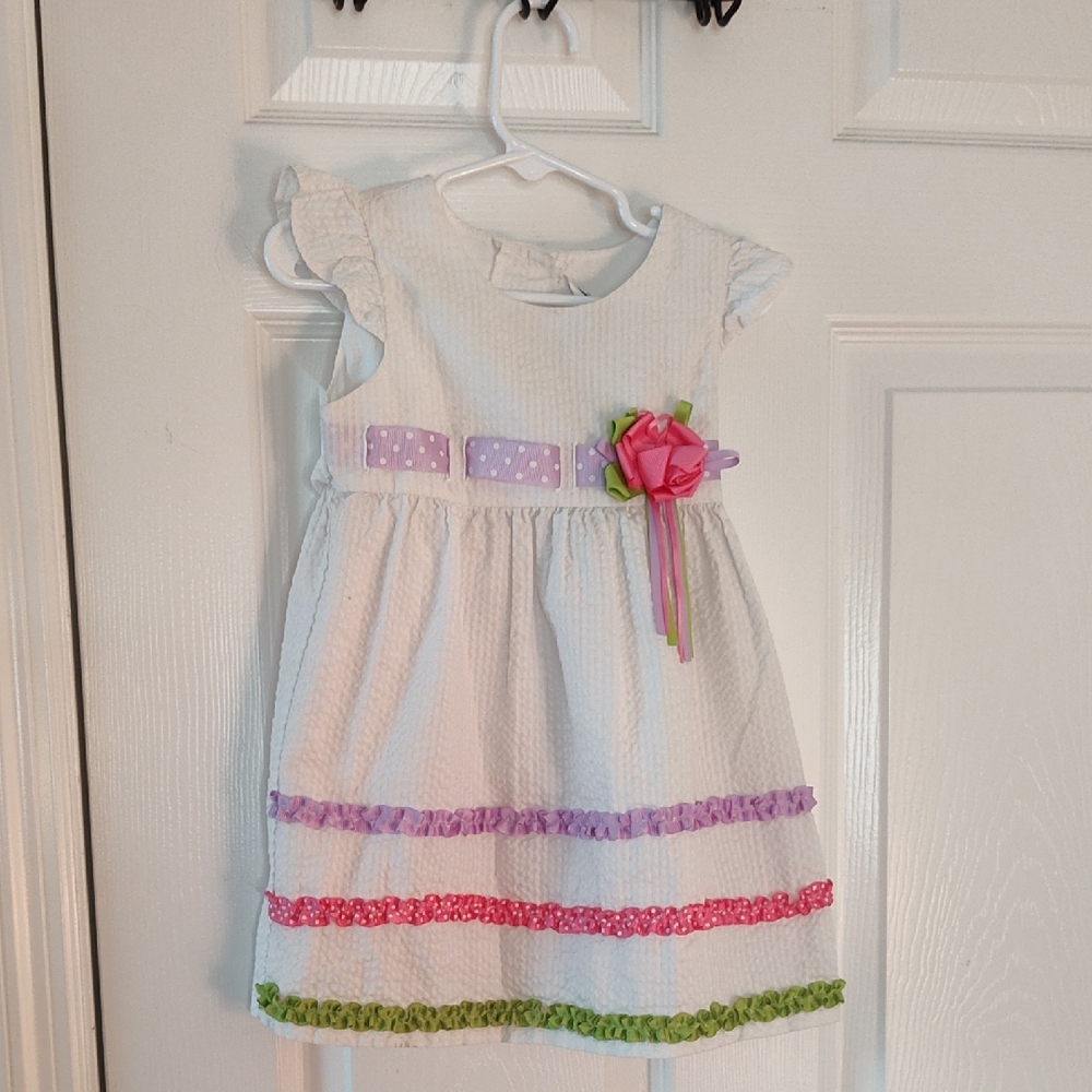 Rare Editions White Dress with Pink Flower and Multicolor Trim